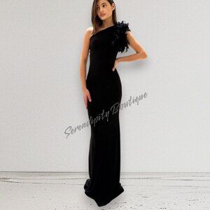 Elegant Black Feather Trim Tapered Fit One Shoulder Floor Length Maxi Dress